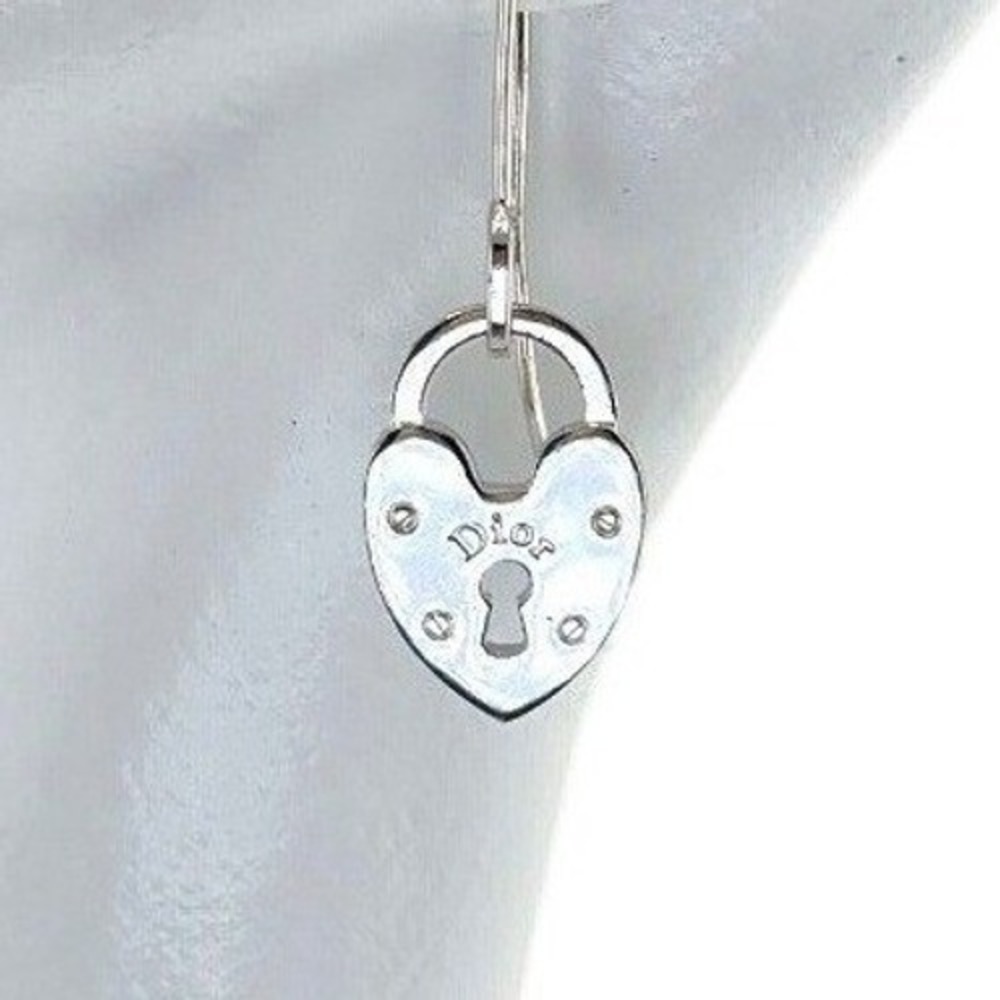Christian Dior Heart Padlock Drop Earrings Silver Tone Logo Keyhole Dangle
